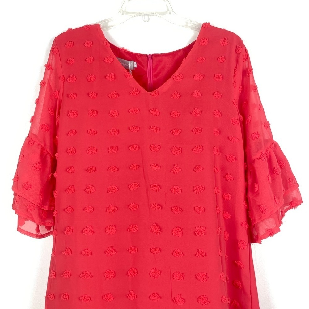 NEW Belongsci Bright Coral Swiss Dot Ruffle Sleeve Mini Dress Size Large - Picture 13 of 16